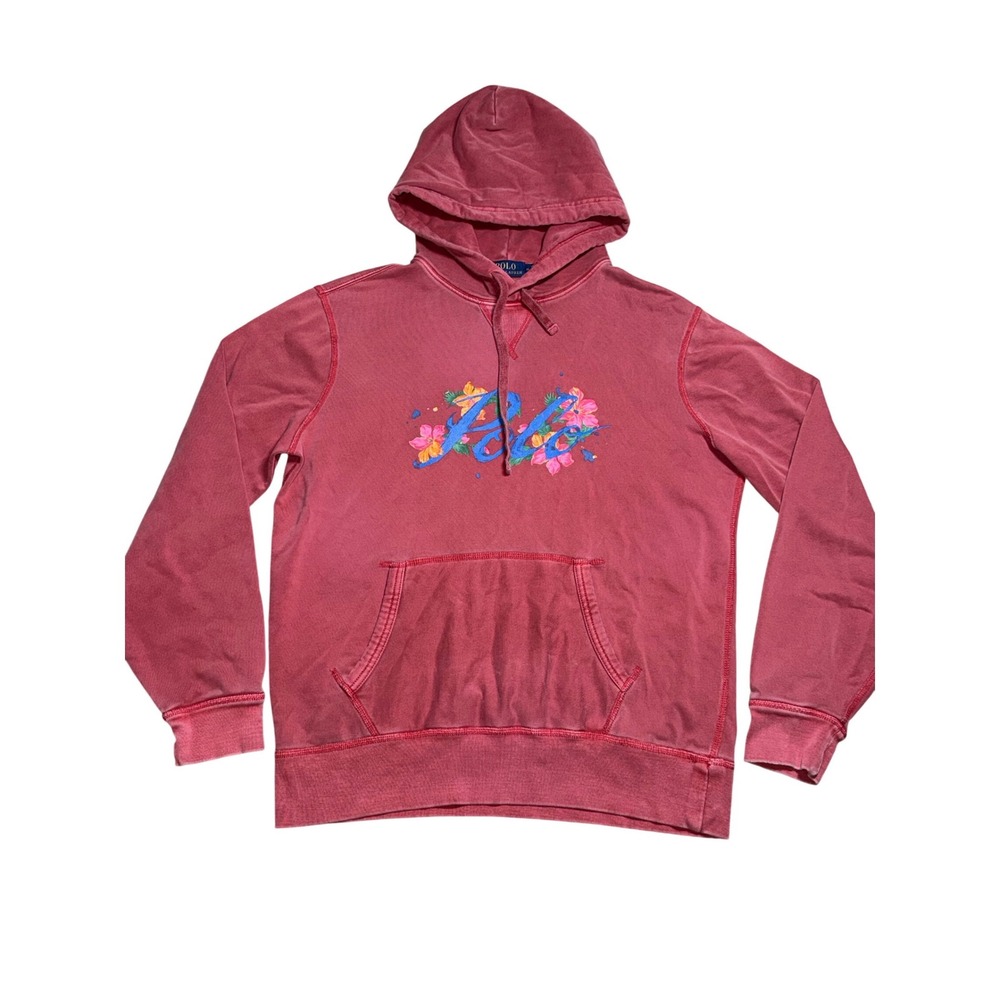 Polo Ralph Lauren Mens Washed Pink Tropical Floral Logo Fleece Hoodie Medium